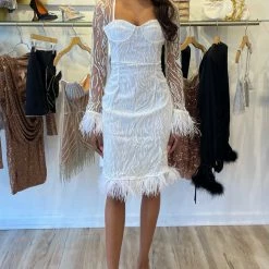 Birthday Suit Jessica Bara Willow Feather Glitter Long Sleeve Midi Dress