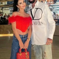 Jessica Bara Kiley Off The Shoulder Feather Corset Top Influencer Style