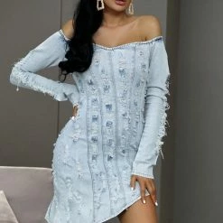 Jessica Bara Kimora Off The Shoulder Distressed Denim Mini Dress
