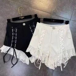 Jessica Bara Lacy Lace Up Frilly Denim Shorts