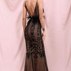 Jessica Bara Chichi V Neck Feather Belt Bodycon Gown Influencer Style