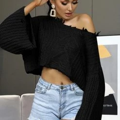 Reve Doll Essentials Jessica Bara Natasha Long Sleeve Distressed Cropped Sweater
