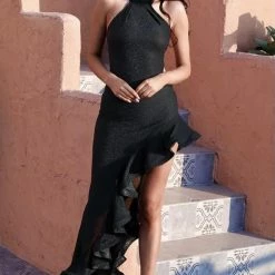 Jessica Bara Jocelyn High Neck Ruffle Split Leg Gown