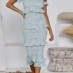 Reve Doll Essentials Jessica Bara Hazel Off The Shoulder Crop Top And Midi Skirt Two Piece Set