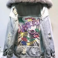 Jessica Bara Washington DC Graphic Denim And Fur Jacket