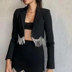 Influencer Style Jessica Bara Karter Fringe Blazer And Skirt Two Piece Set