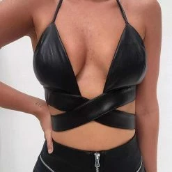 Tops Jessica Bara Sloane Strappy Faux Leather Crop Top