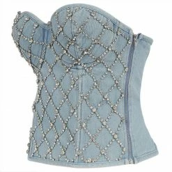 Jessica Bara Etta Diamond Lace Up Denim Corset Top Influencer Style