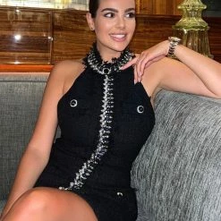 Jessica Bara Lolette Rhinestone Tweed Mini Dress