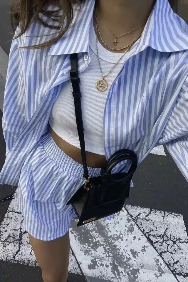 Summer Lovin' Jessica Bara Garcia Stripped Button Down And Short Two Piece Set