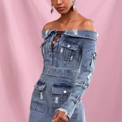 Jessica Bara Raissa Off The Shoulder Denim Mini Dress Influencer Style