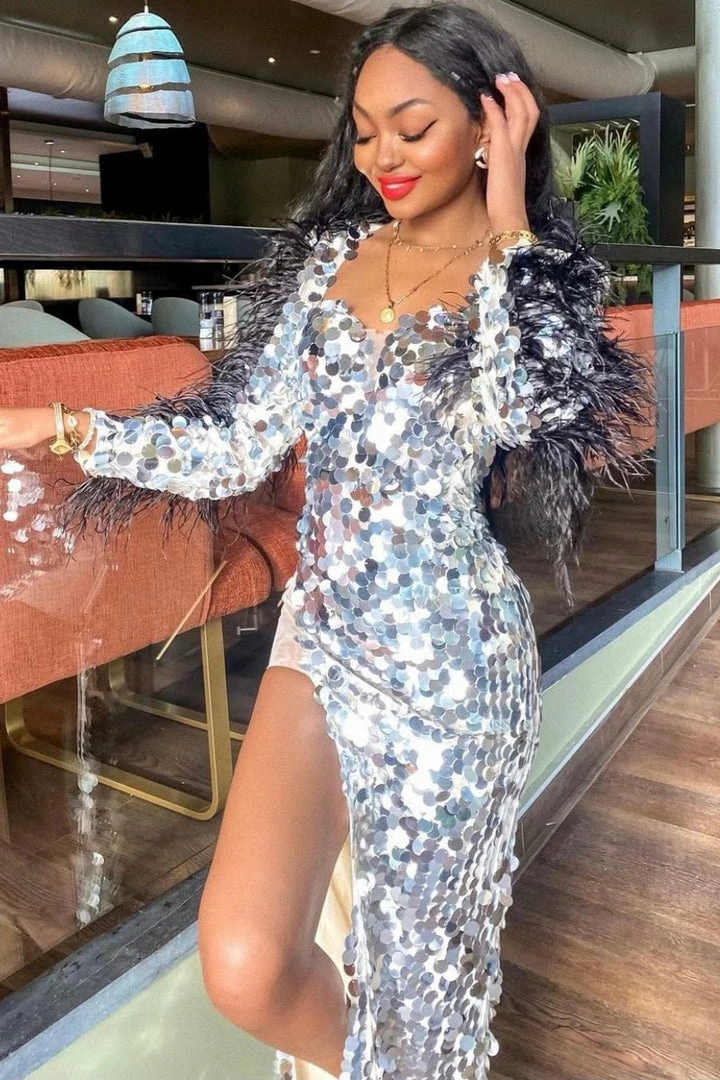 Influencer Style Jessica Bara Azariah Long Feather Sleeve Sequin Gown
