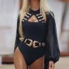 Jessica Bara Katia Bandage Cut Out Belted Bodysuit Birthday Suit