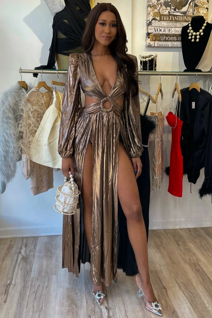 Jessica Bara Cruz Long Sleeve Cut Out Double Leg Slit Gown