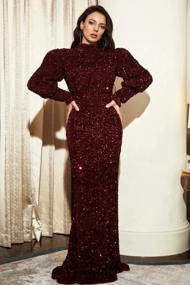 Jessica Bara North Puff Shoulder Sequin Gown