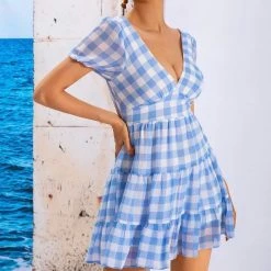 Jessica Bara Gail Plaid V Neck Mini Dress Summer Lovin'