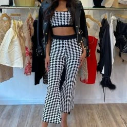 Jessica Bara Tatum Houndstooth Crop Top And Pant Two Piece Set