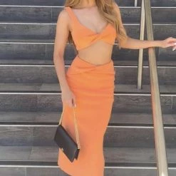 Summer Lovin' Jessica Bara Ember Bandage Knotted Crop Top And Skirt Two Piece Set