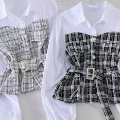 Jessica Bara Violetta Plaid Pearl Button Blouse