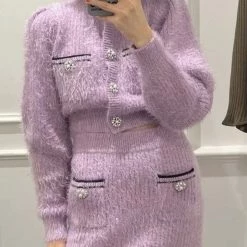 Jessica Bara Hadlee Fuzzy Cropped Cardigan Top And Skirt Three Piece Set