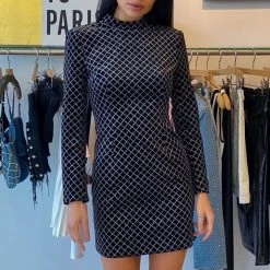 Jessica Bara Cece Long Sleeve Glitter Velvet Mini Dress Birthday Suit