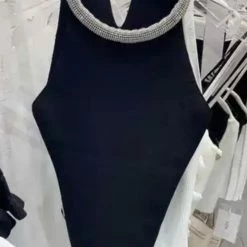 Jessica Bara Paula Rhinestone Neck Knit Tank Top Casual/Daytime