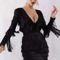 Jessica Bara Shakira Long Sleeve Tassel Fringe Mini Dress Influencer Style