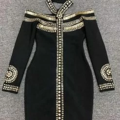 Jessica Bara Avril Long Sleeve Bandage Beaded Dress