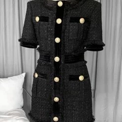 Jessica Bara Lena Tweed Gold Button Mini Dress