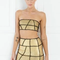 Jessica Bara Shauna Shiny Gold Overlock Seam Bodycon Skirt