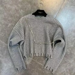 Jessica Bara Piper Long Sleeve Distressed Chain Sweater Tops
