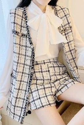 Jessica Bara Brinley Plaid Vest Blouse And Shorts Three Piece Set The 9-5 Shop