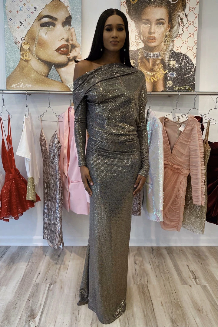 Influencer Style Jessica Bara Amanie Long Sleeve 3 Way Glitter Gown