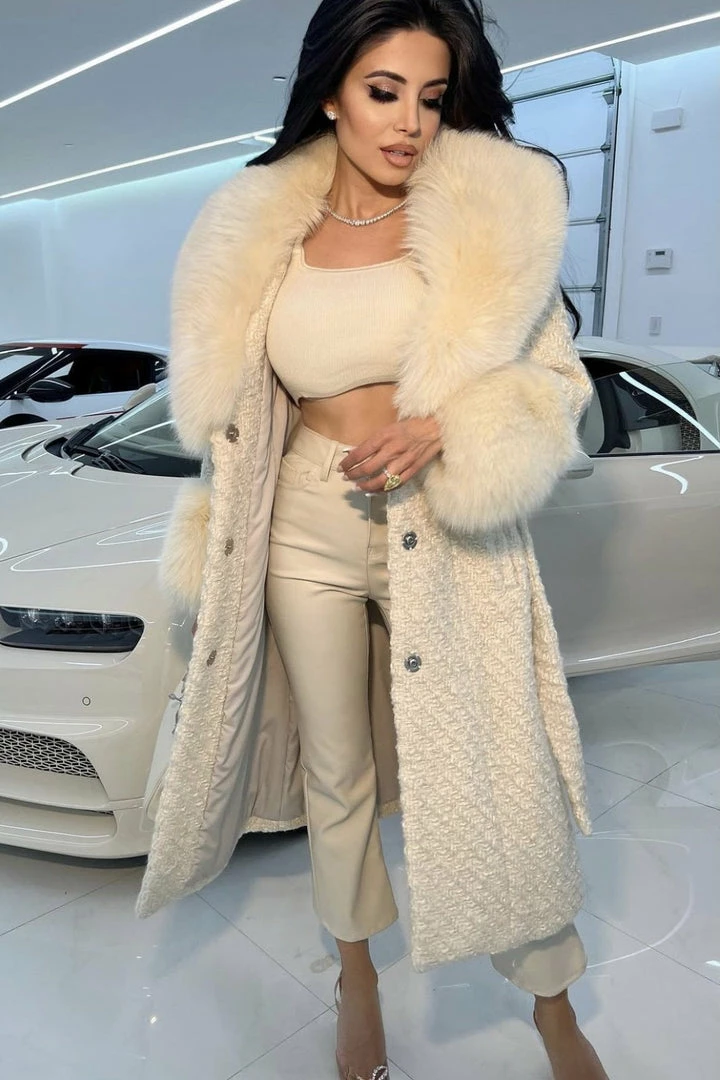 Jessica Bara Dierdra Fur And Wool Belted Long Coat Influencer Style