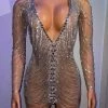 Jessica Bara Amra Rhinestone Chain Long Sleeve Mini Dress Birthday Suit