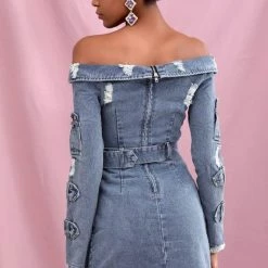 Jessica Bara Raissa Off The Shoulder Denim Mini Dress Influencer Style