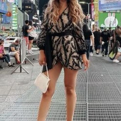 Jessica Bara Madyson Long Sleeve Glitter Belted Mini Dress Influencer Style