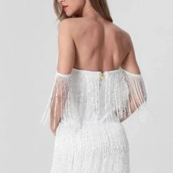 Jessica Bara Tansy V Neck Fringe Mini Dress Birthday Suit