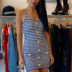 Jessica Bara Corey Tweed Gold Button Mini Dress