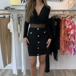 Jessica Bara Kallie Long Sleeve Mesh Cut Out Button Dress