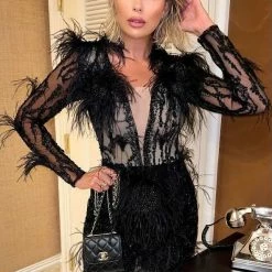 Influencer Style Jessica Bara Agnetha Long Sleeve Feather Beaded Dress