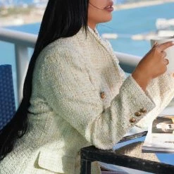 Influencer Style Jessica Bara Amara Tweed Double Breasted Gold Button Blazer Dress