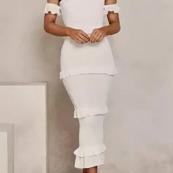 Reve Doll Essentials Jessica Bara Hazel Off The Shoulder Crop Top And Midi Skirt Two Piece Set