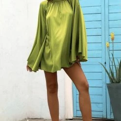 Jessica Bara Rafaela Backless Long Sleeve Silk Mini Dress