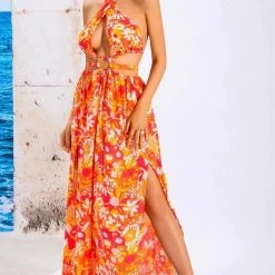 Jessica Bara Klara Floral Halter Cut Out Maxi Dress