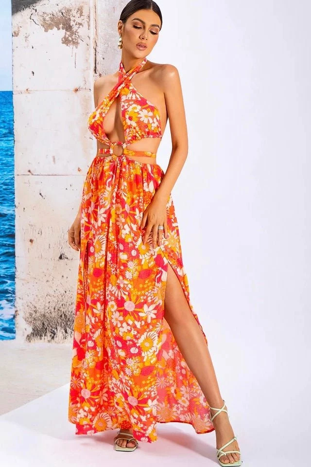 Jessica Bara Klara Floral Halter Cut Out Maxi Dress