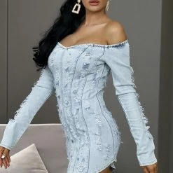 Jessica Bara Kimora Off The Shoulder Distressed Denim Mini Dress
