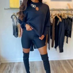 Jessica Bara Corey Chain Long Sleeve Cropped Sweater