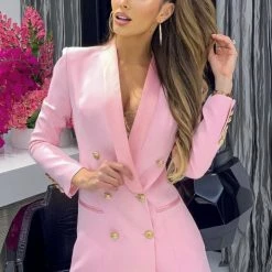 Jessica Bara Blakely Double Breasted Gold Button Blazer Dress