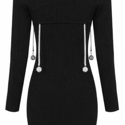 Jessica Bara Wynter Long Sleeve Tassel Ball Chain Dress